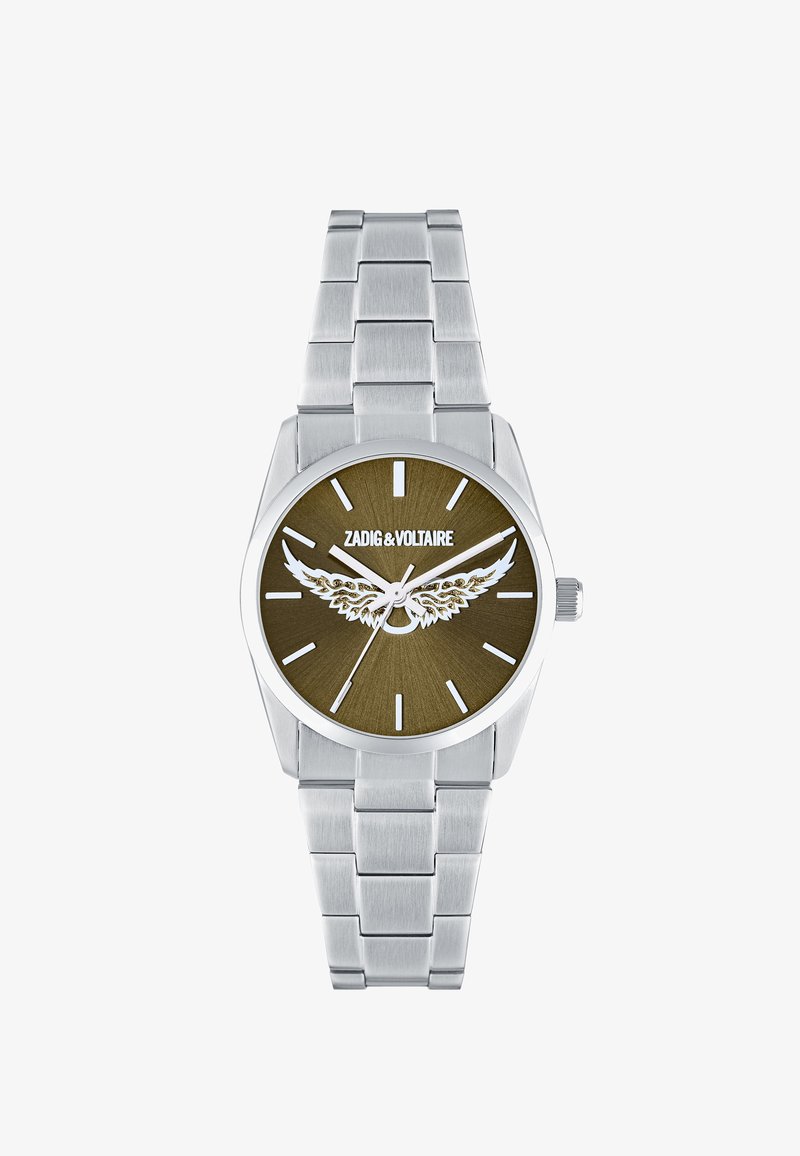 Srebrny metalowy zegarek na nadgarstek z brązową tarczą, białymi znacznikami godzin, wzorem w kształcie skrzydeł i logo "ZADIG & VOLTAIRE" na środku.
