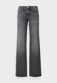 Wijdvallende jeans van donkergrijs denim, met een klassieke vijf-pocketontwerp, metalen knoopsluiting en subtiele vervaging langs de benen.