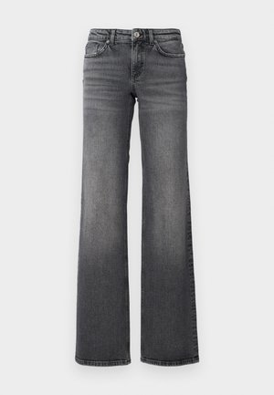 Jean large en denim gris foncé, présentant un design classique à cinq poches, une fermeture à bouton métallique et un léger dégradé le long des jambes.