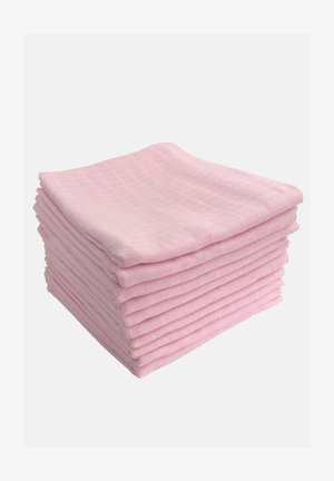 Ensemble de serviettes en coton rose empilées soigneusement, arborant un motif à grille fine, une texture douce et un design léger pour le séchage.