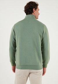 Green sweatshirt with a high collar and long sleeves. Made of soft fabric with a textured finish. Features ribbed cuffs and hem.