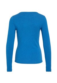 Blå skjorte med lange ermer, laget av mykt strikket stoff. Har rund halslinning og tettsittende fasong med glatt tekstur.