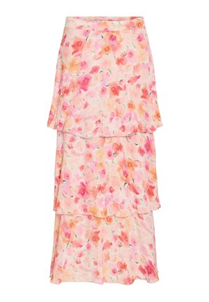 Jupe midi à couches avec une base rose douce et un motif floral aquarelle dans des tons de corail, pêche et accents verts.