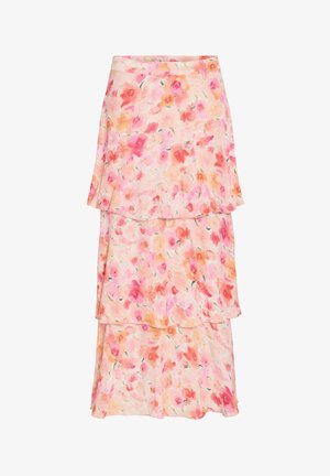 Φούστα μίντι με στρώσεις, μαλακή ροζ βάση και μοτίβο ακουαρέλας με λουλούδια σε αποχρώσεις κοραλλί, ροδάκινου και πράσινων τόνων.