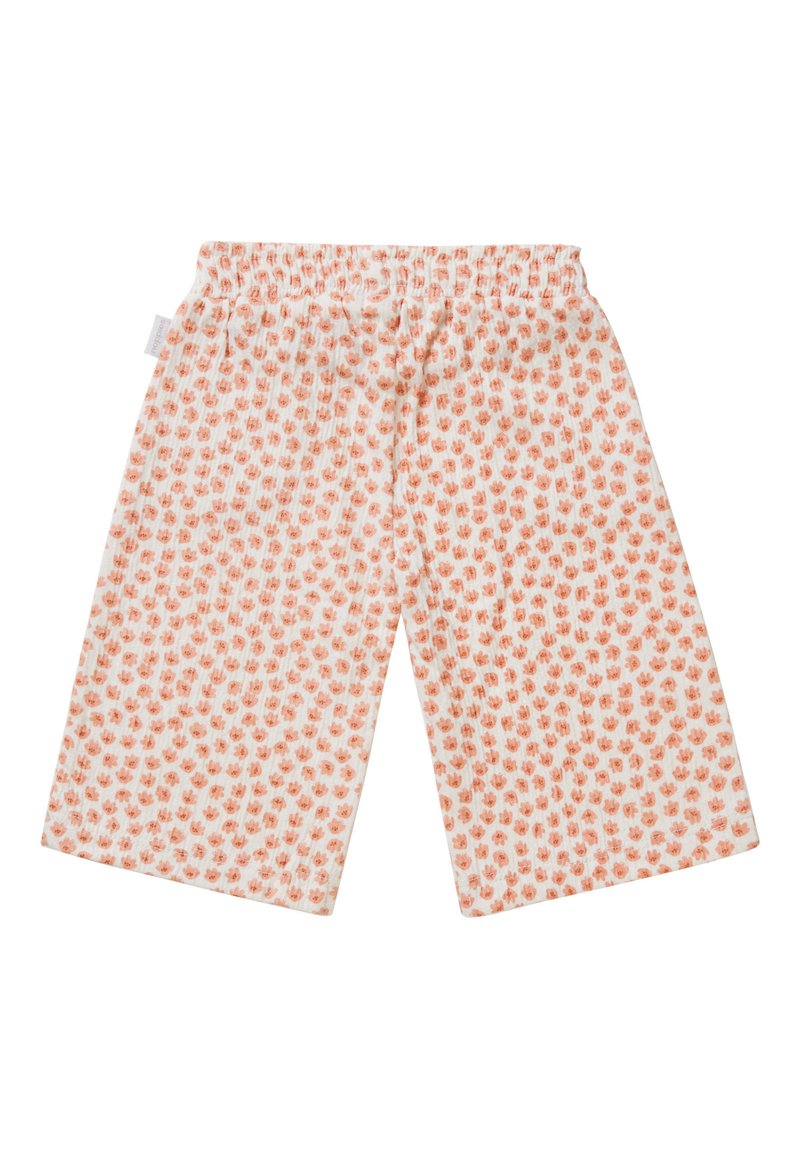 Shorts en coton légers avec une taille élastique, présentant un fond blanc et un motif floral corail. Coupe ample, longueur mi-cuisse.