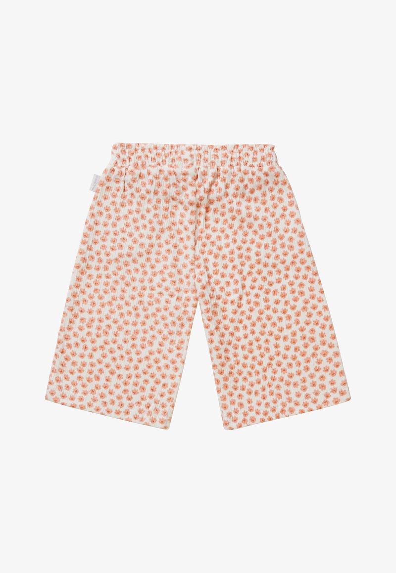 Lichte katoenen shorts met een elastische tailleband, met een witte achtergrond en koraalbloemenpatroon. Losse pasvorm, met een lengte tot halverwege de dij.