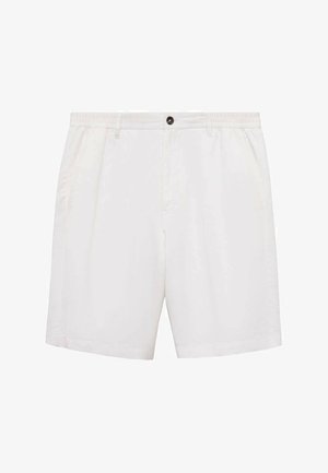 Pantaloni scurți albi dintr-un material neted, cu un brâu elastic și un închizător frontal cu buton. Design simplu, cu două buzunare laterale.