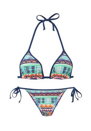 Bikini set with blue trim featuring multicolor geometric and tribal patterns, triangle top with halter neck tie, and tie-side bottoms.