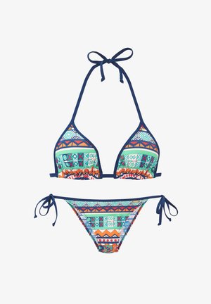 Bikini set with blue trim featuring multicolor geometric and tribal patterns, triangle top with halter neck tie, and tie-side bottoms.