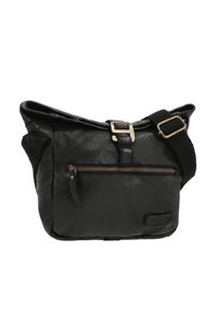 Black leather shoulder bag with a textured finish, adjustable strap, gold-tone buckle accent, front zip pocket, and logo detail.