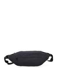 Marsupio in tessuto blu navy con un design elegante e arrotondato. Presenta una tasca con zip e spallacci regolabili per una vestibilità sicura.