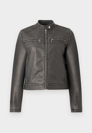 Black faux leather jacket with a high collar, two zippered chest pockets, and a fitted silhouette. Smooth texture and minimalist design.