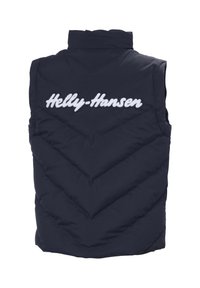 Granatowa, ocieplana kamizelka z wzorem w zygzak, wysokim kołnierzem i haftowanym białym logiem "Helly-Hansen" na plecach.