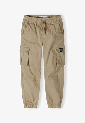 Bež cargo hlače s elastičnim strukom, vezicom, dva bočna džepa i dva cargo džepa. Napravljene su od laganog, teksturiranog materijala.