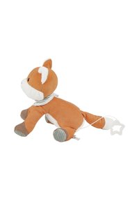 Soft orange plush toy fox with white accents, textured body, gray paws, and a star-shaped attachment at the tail. Corduroy and plush materials.
