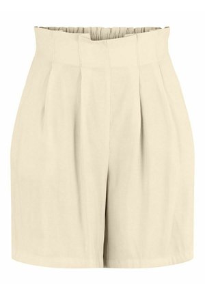 Shorts beiges taille haute avec plis, en tissu lisse et ceinture élastiquée. Présente un design ajusté avec une coupe décontractée.