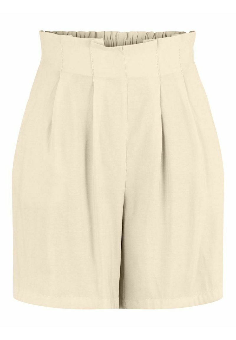 Béžové šortky s vysokým pasem, s plisováním, z hladké látky a s elastickým pasem. Mají klasický střih a volný fit.