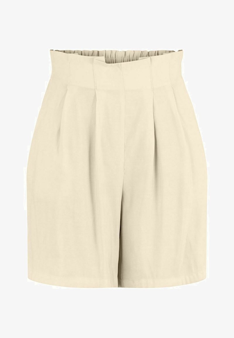 Béžové šortky s vysokým pasem, s plisováním, z hladké látky a s elastickým pasem. Mají klasický střih a volný fit.