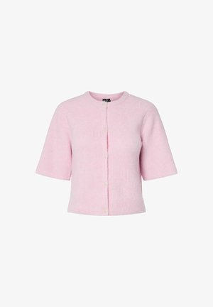 Pink short-sleeve cardigan, ribbed texture, round neck, five button closure, and a slightly fitted shape.
