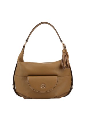 Sac à épaule en cuir marron, de forme arrondie, avec une poche à rabat à l'avant et un accent en frange. Présente des finitions en métal doré et une texture douce.