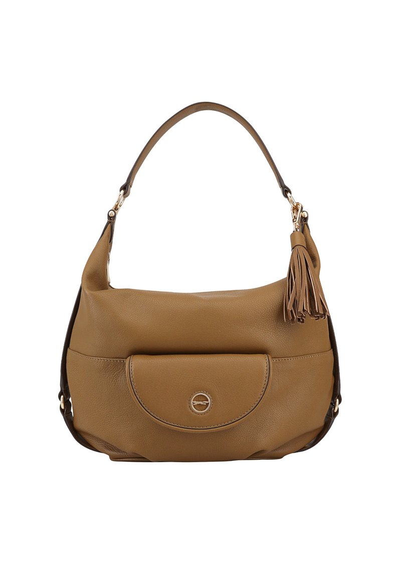 Bruine lederen schoudertas met een afgeronde vorm, voorflapzak en een kwastaccent. Voorzien van gouden hardware en een zachte textuur.