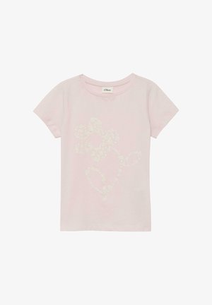 Jasnoróżowa koszulka z krótkim rękawem z białym kwiatowym wzorem na środku i okrągłym dekoltem, metka marki "s.Oliver" wszyta w kołnierz.