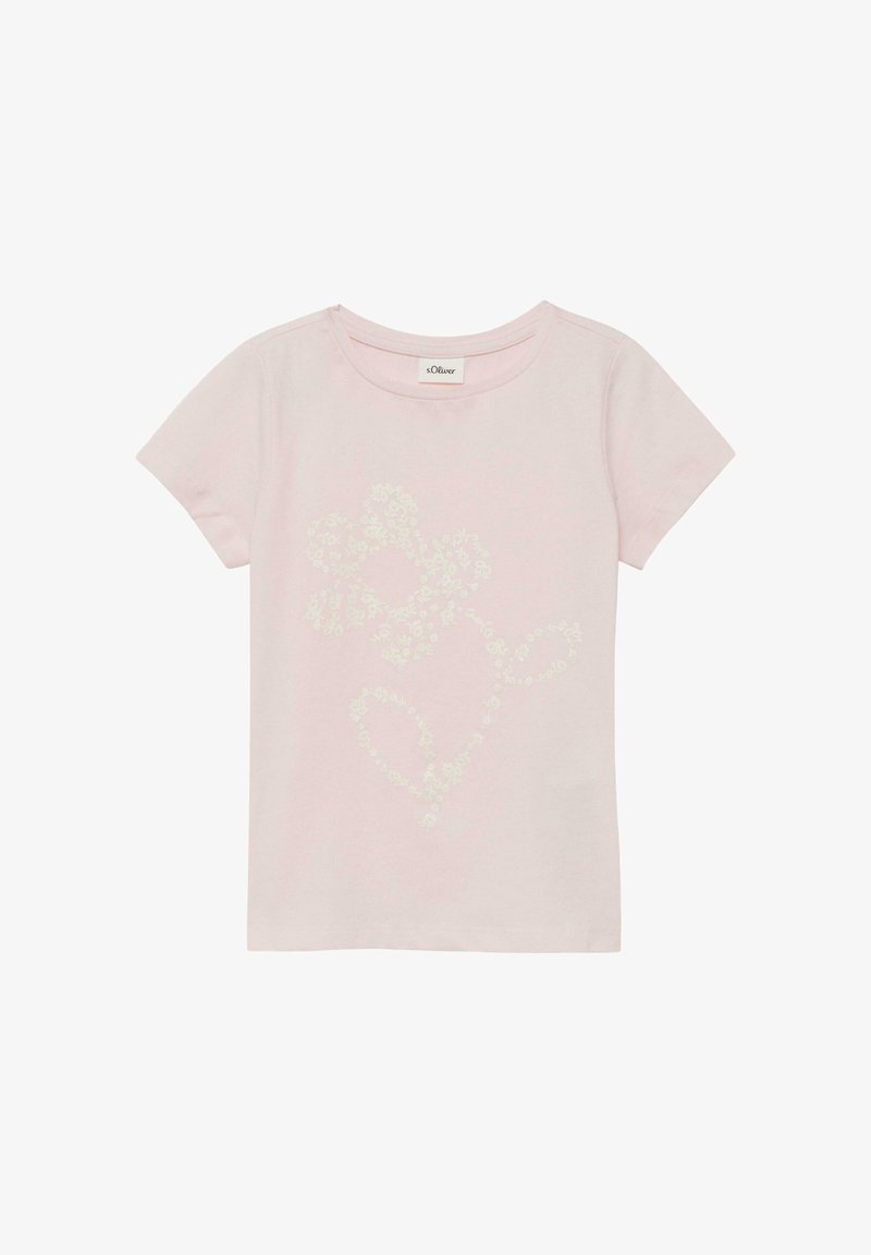 T-shirt à manches courtes rose clair avec motif floral blanc au centre et encolure ronde, étiquette de la marque "s.Oliver" à l'intérieur du col.