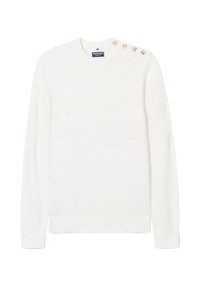 Maglione bianco a maglia con maniche lunghe, caratterizzato da un design testurizzato e quattro bottoni decorativi sulla spalla sinistra. Polsini e orlo a coste.