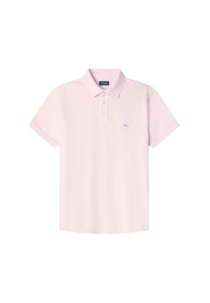 Polo in cotone rosa chiaro con maniche corte, colletto, patta con tre bottoni e piccolo logo ricamato sul petto.