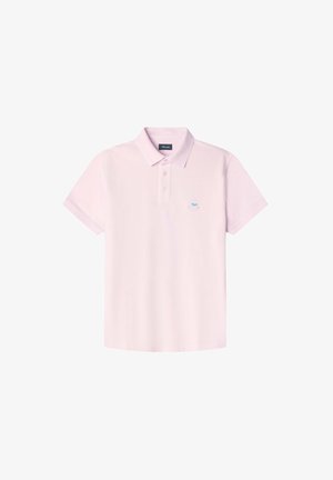 Polo en coton rose clair avec manches courtes, col, patte de boutonnage à trois boutons et petit logo brodé sur la poitrine.