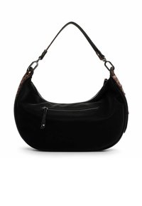 Juodas hobo stiliaus krepšys su viena peties juosta, užtrauktuko uždarymu ir tekstūruota ruda akcento juosta. Lygus paviršius su metalinėmis detalėmis.