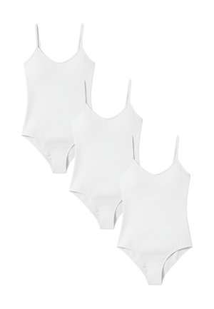 Three white spaghetti strap bodysuits arranged diagonally on a plain white background.