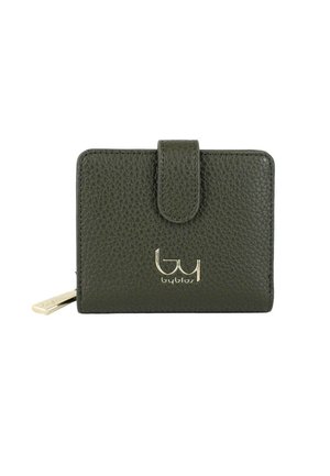 Portafoglio in pelle verde scuro con texture, chiusura a scatto, tiretto della cerniera dorato e logo "byblos" dorato sul davanti.