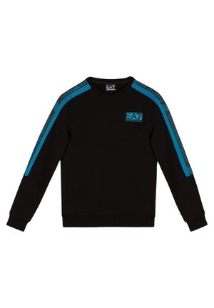 Felpa nera a maniche lunghe con strisce blu sulle maniche, con testo e logo "EA7 Emporio Armani" su petto e collo.