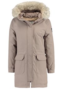 Beige parka-takki, jossa tekoturkisvuorattu huppu, kaksi etutaskua ja joustavat hihansuut. Päällä sileä materiaali, sisäpuolella lämmin eristysvuori.