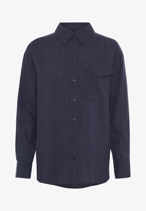 Marineblå knapbluse i linned med lange ærmer, en klassisk krave og en brystlomme, med en ensartet tekstur og standard pasform.