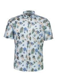 Camicia a maniche corte, di colore azzurro chiaro, con stampa floreale e foglie. Presenta bottoni e una tasca sul petto. Realizzata in tessuto con una texture liscia.