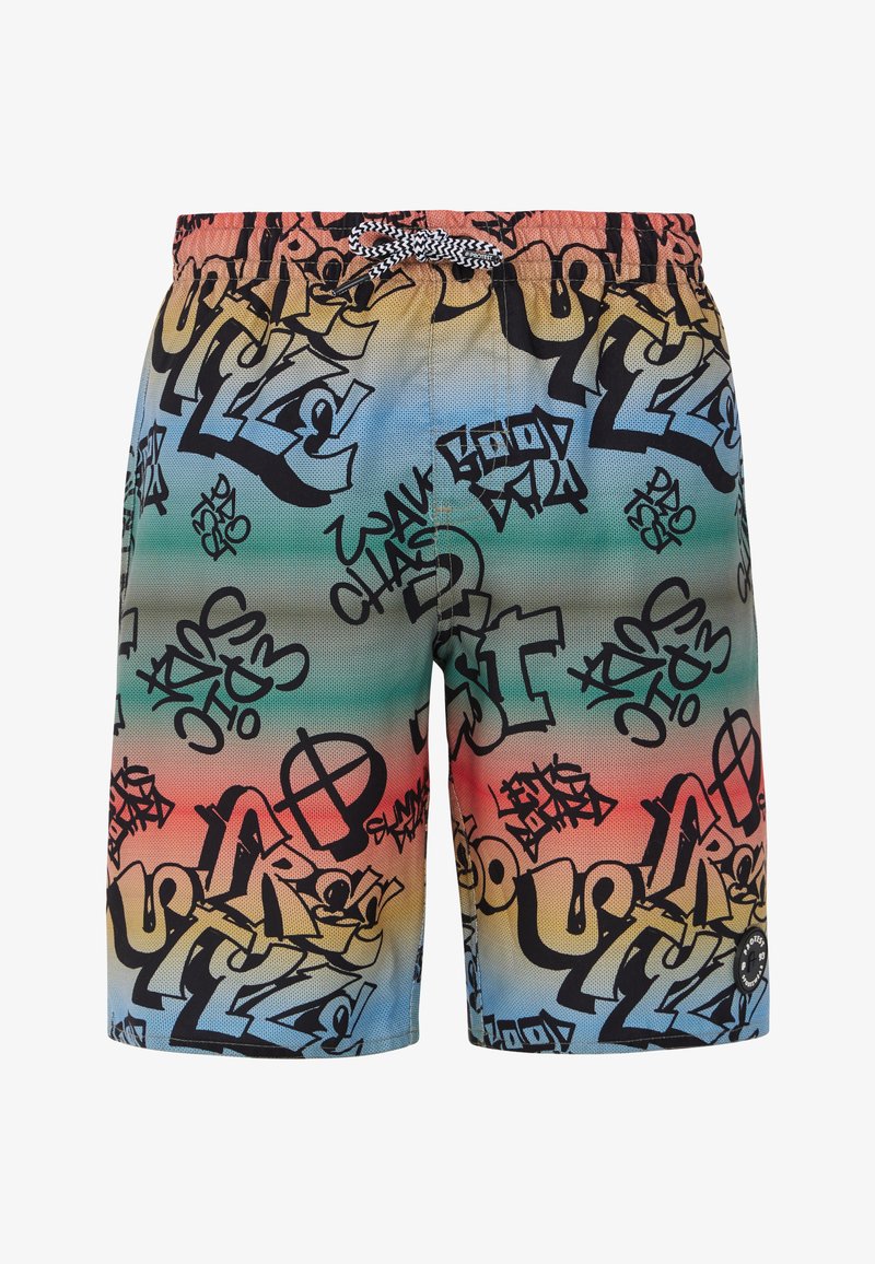 Plavky s elastickým pásom a čiernym šnúrkovým sťahovaním; majú viacfarebný graffiti vzor na sieťovine.