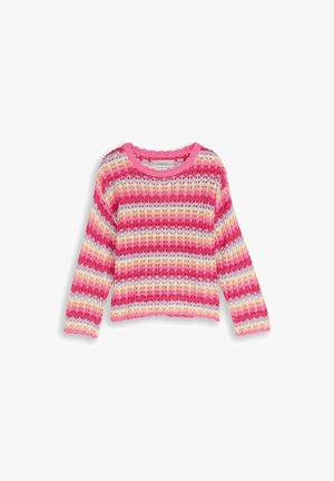 Gebreide trui met lange mouwen met horizontale strepen in roze, rood, lavendel en crème, met een ronde halslijn en een gestructureerd patroon.