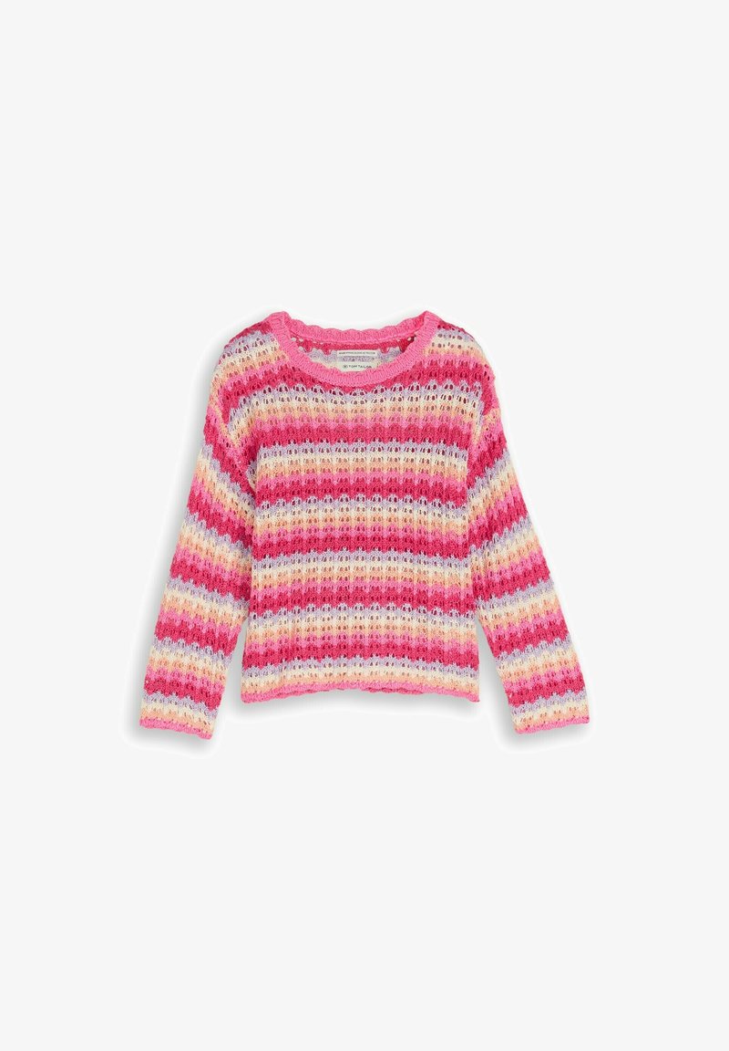 Pull en maille à manches longues avec des rayures horizontales roses, rouges, lavande et crème, avec un col rond et un motif texturé.