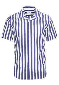 Camicia a maniche corte con bottoni, caratterizzata da righe verticali blu e bianche, realizzata in tessuto leggero con colletto classico e chiusura frontale con bottoni.