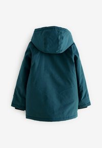 Türkisfarbene Kapuzenjacke mit glatter Materialbeschaffenheit, langen Ärmeln und einem leicht abgerundeten Saum. Verfügt über verstärkte Nähte und keine sichtbaren Halterungen.