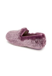 Fuzzy purple slippers with a plush texture, rounded shape, and open back. Features a soft, fluffy upper and a thin, flexible sole.