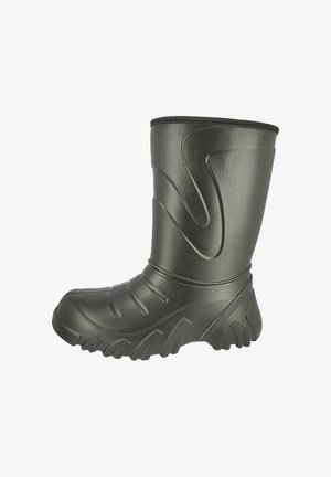 Zwarte rubberen kuitlaars met een gestructureerd oppervlak, gebogen ontwerp en een dikke, robuuste zool met gripprofielen.