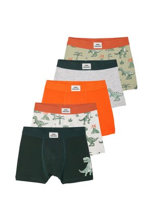Five boys' boxer briefs in green, orange, grey, and dinosaur print patterns, each with contrasting waistbands and "Funny Dinosaurs" label.