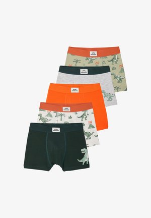 Five boys' boxer briefs in green, orange, grey, and dinosaur print patterns, each with contrasting waistbands and "Funny Dinosaurs" label.