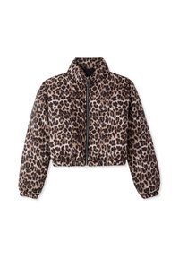 Giacca puffer cropped con stampa leopardo, colletto alto, zip frontale, maniche lunghe e polsini e orlo elasticizzati.