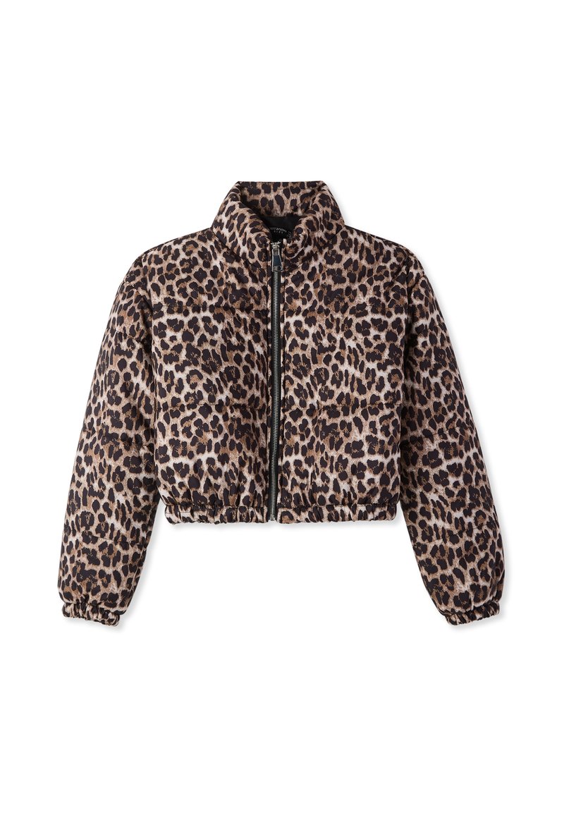 Giacca puffer cropped con stampa leopardo, colletto alto, zip frontale, maniche lunghe e polsini e orlo elasticizzati.