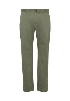 Olijfgroene katoenen broek met een rechte snit, voorzien van een knoopsluiting, riemlussen en zijzakken. Gladde textuur, geen patronen.