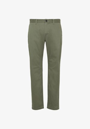 Pantaloni in cotone verde oliva con taglio dritto, dotati di chiusura con bottone, passanti per cintura e tasche laterali. Texture liscia, senza motivi.